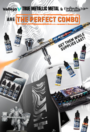 Vallejo True Metallic Metal paint set and Harder Steenbeck Infinity Giraldez CRplus airbrush bundle