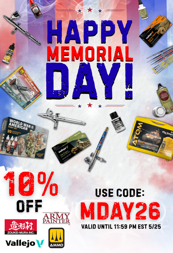 Memorial Day hobby paint and airbrush sale mobile banner taking 10% off with code MDAY26 until 5/25 at 11:59 PM EST. Displays World War II American paint sets, Vallejo colors, and Atom Mig Jimenez kits over a patriotic background.