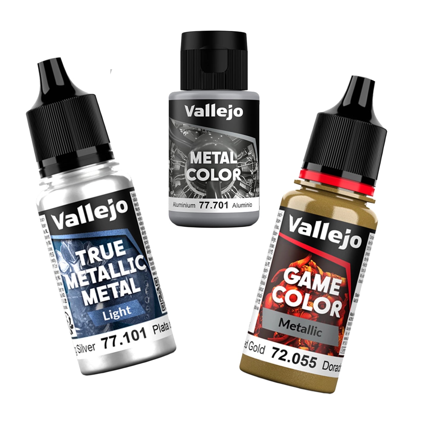 Vallejo metallic paints selection featuring True Metallic Metal, Metal Color, and metallic Game Color shades for realistic metal effects