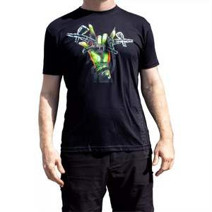 Exclusive Monster Airbrush T-Shirt featuring a green monster hand gripping dual airbrushes on the front. Perfect for airbrush culture fans.