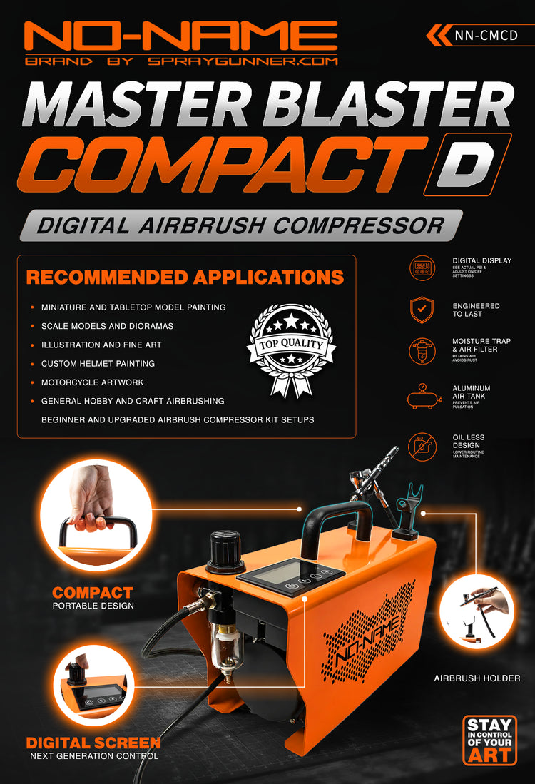 NO-NAME Master Blaster Compact D digital airbrush compressor banner highlighting the orange portable unit with its built-in digital screen, moisture trap, and magnetic airbrush holder.