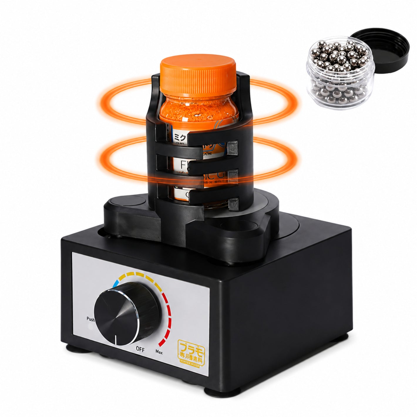 No-Name NN-VM1 Mixy Vortex Paint Mixer holding an acrylic hobby paint bottle next to a container of stainless steel mixing beads.