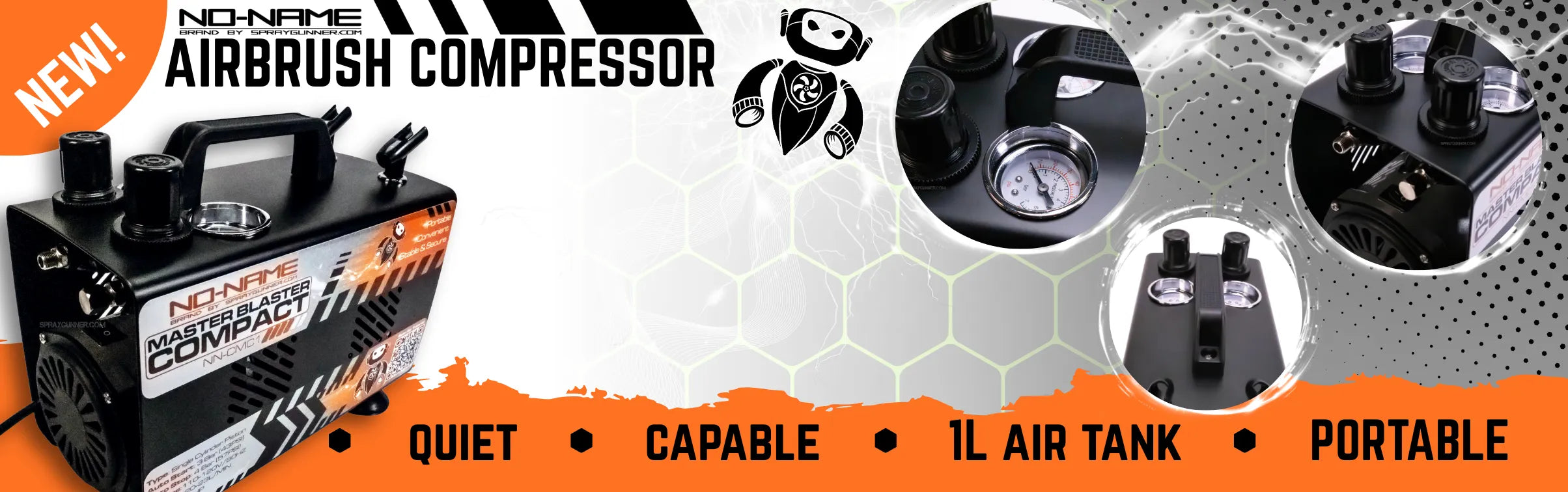 Noname Master Blaster Compact airbrush compressor with 1L air tank, quiet operation, portable design, and dual pressure gauges – product banner from SprayGunner.