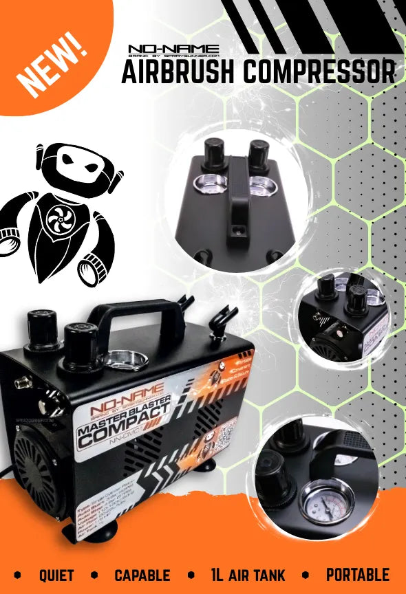 Noname Master Blaster Compact airbrush compressor with 1L air tank, quiet operation, portable design, and dual pressure gauges – product banner from SprayGunner.