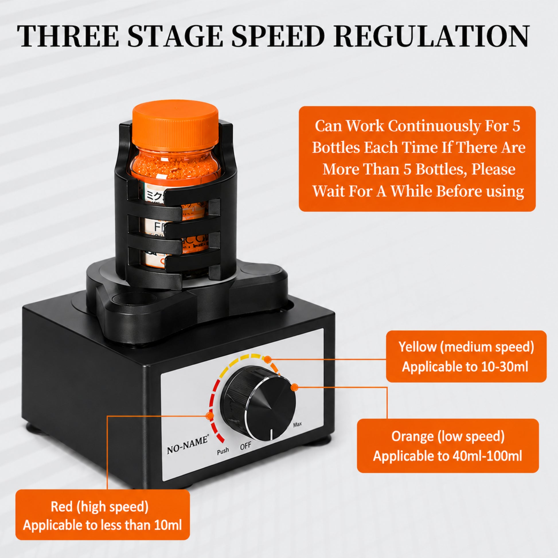 No-Name NN-VM1 Mixy Vortex Paint Mixer showing the color-coded three-stage speed regulation knob for handling 10ml to 100ml paint bottles.