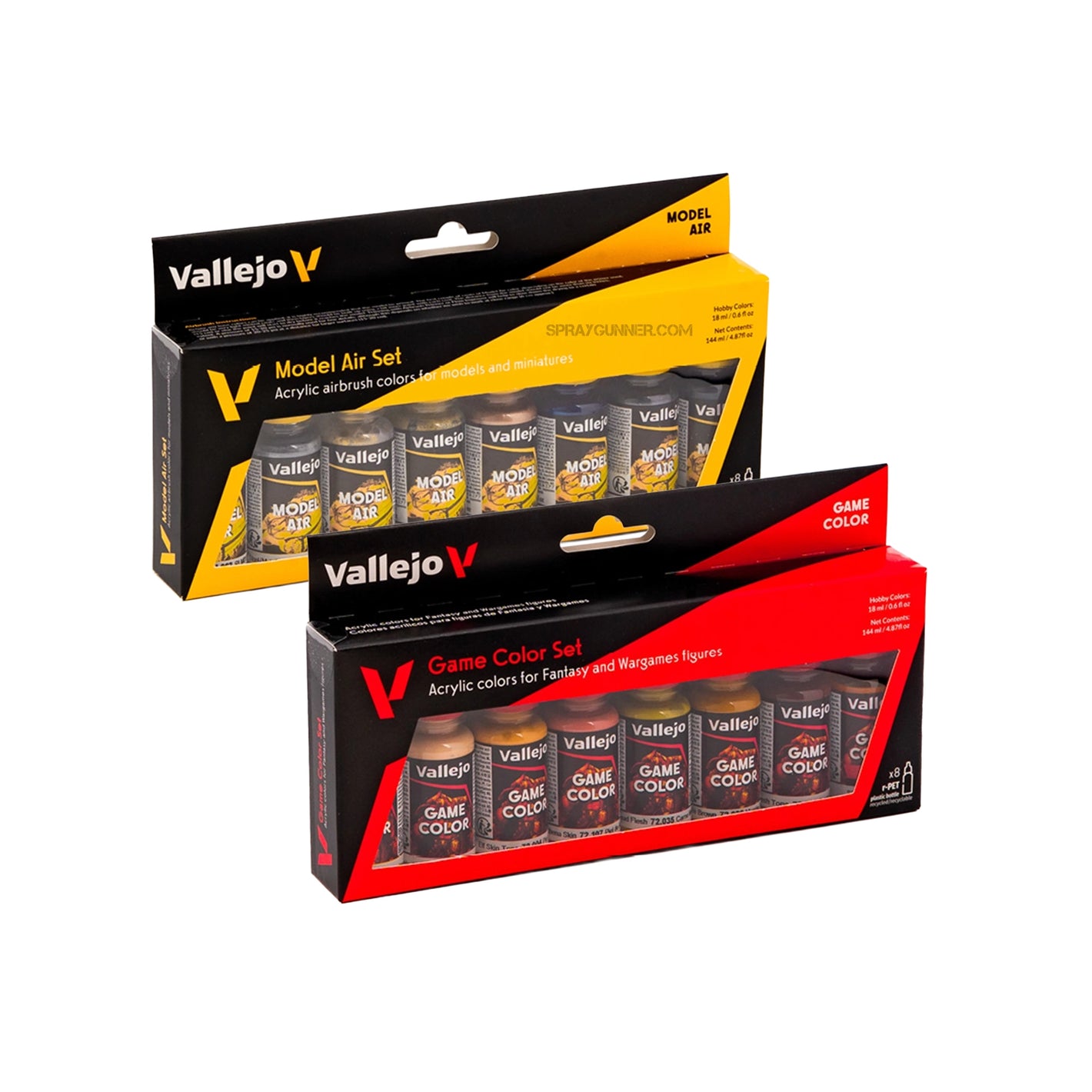 Vallejo paint sets with curated Model Air and Game Color bottles packaged for models, miniatures, and tabletop painting projects
