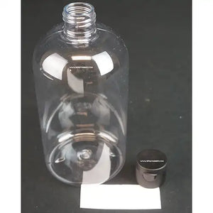 Plastic Bottle with Black Ribbed Snap Cap and Storage Label 16oz