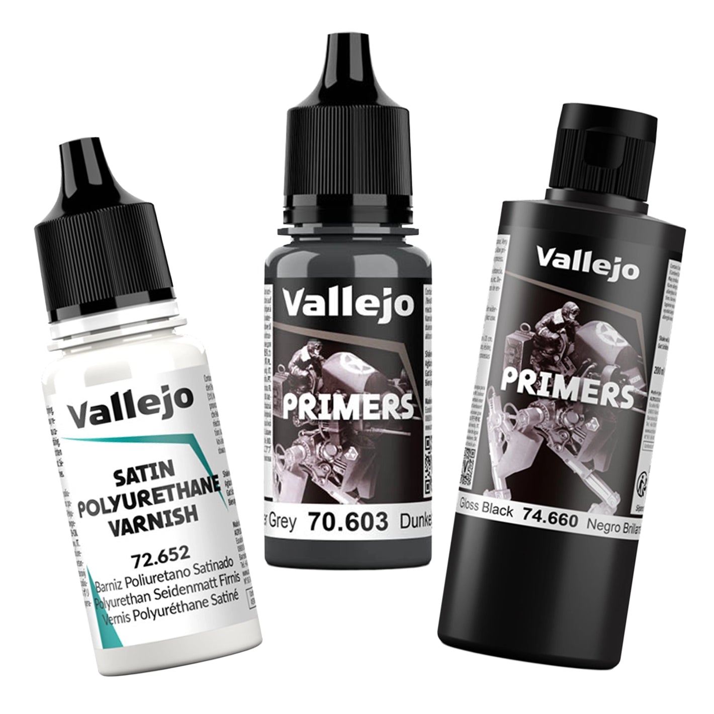 Vallejo primers and varnishes including surface primer, satin polyurethane varnish, and gloss black primer for model preparation and protection