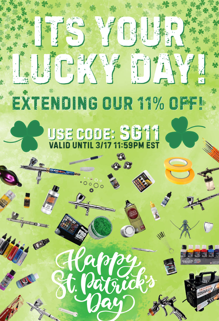 St. Patrick's Day sale banner for airbrushing and hobby supplies featuring an 11% discount with code SG11. Valid until 3/17 at 11:59 PM EST. Includes images of airbrushes, paints, and a mini compressor on a green shamrock background.