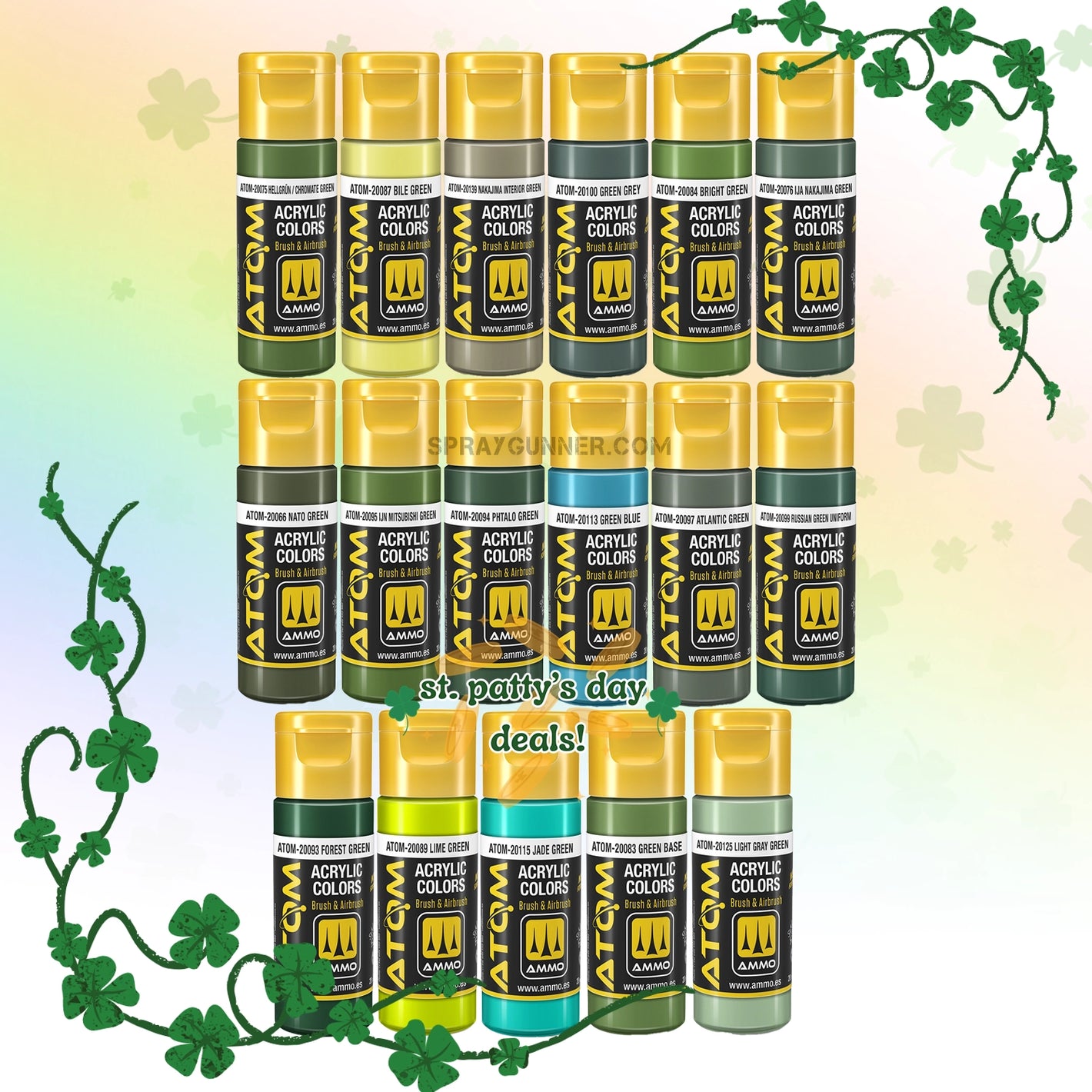 St. Patrick's Day Deals! Special ATOM Green Set featuring premium AMMO acrylic airbrush paints in various green shades. Perfect for hobbyists and festive creations.