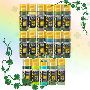 St. Patrick's Day Deals! Special ATOM Green Set featuring premium AMMO acrylic airbrush paints in various green shades. Perfect for hobbyists and festive creations.