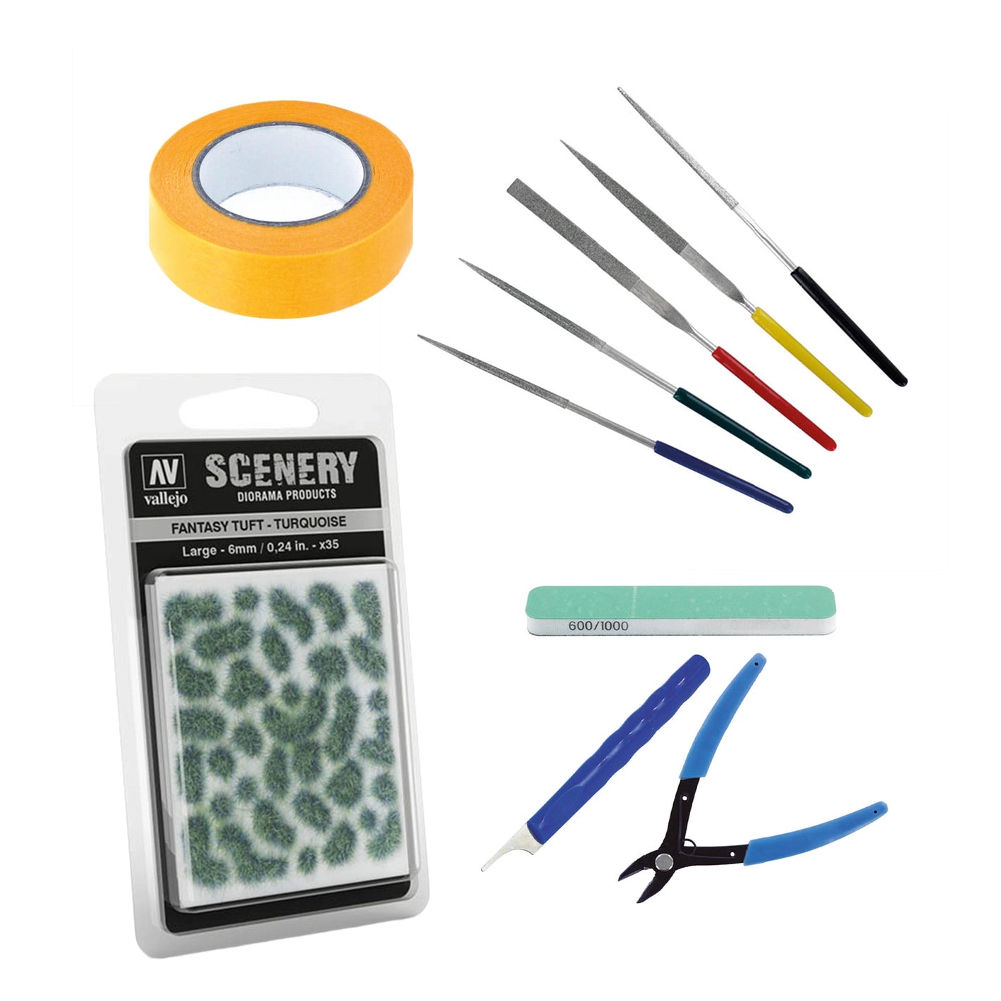 Modeling tools and accessories including masking tape, needle files, nippers, sanding sticks, and scenic tufts for miniature hobby work