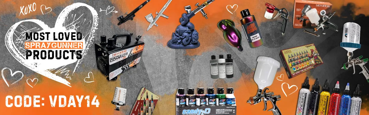 SprayGunner Valentine's Day promotion featuring a collage of popular airbrushes, compressors, and paints. Includes the promo code VDAY14.