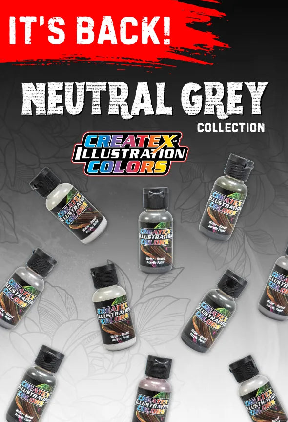 IT'S BACK! Createx Illustration Colors Neutral Grey Collection water-based acrylic airbrush paints banner